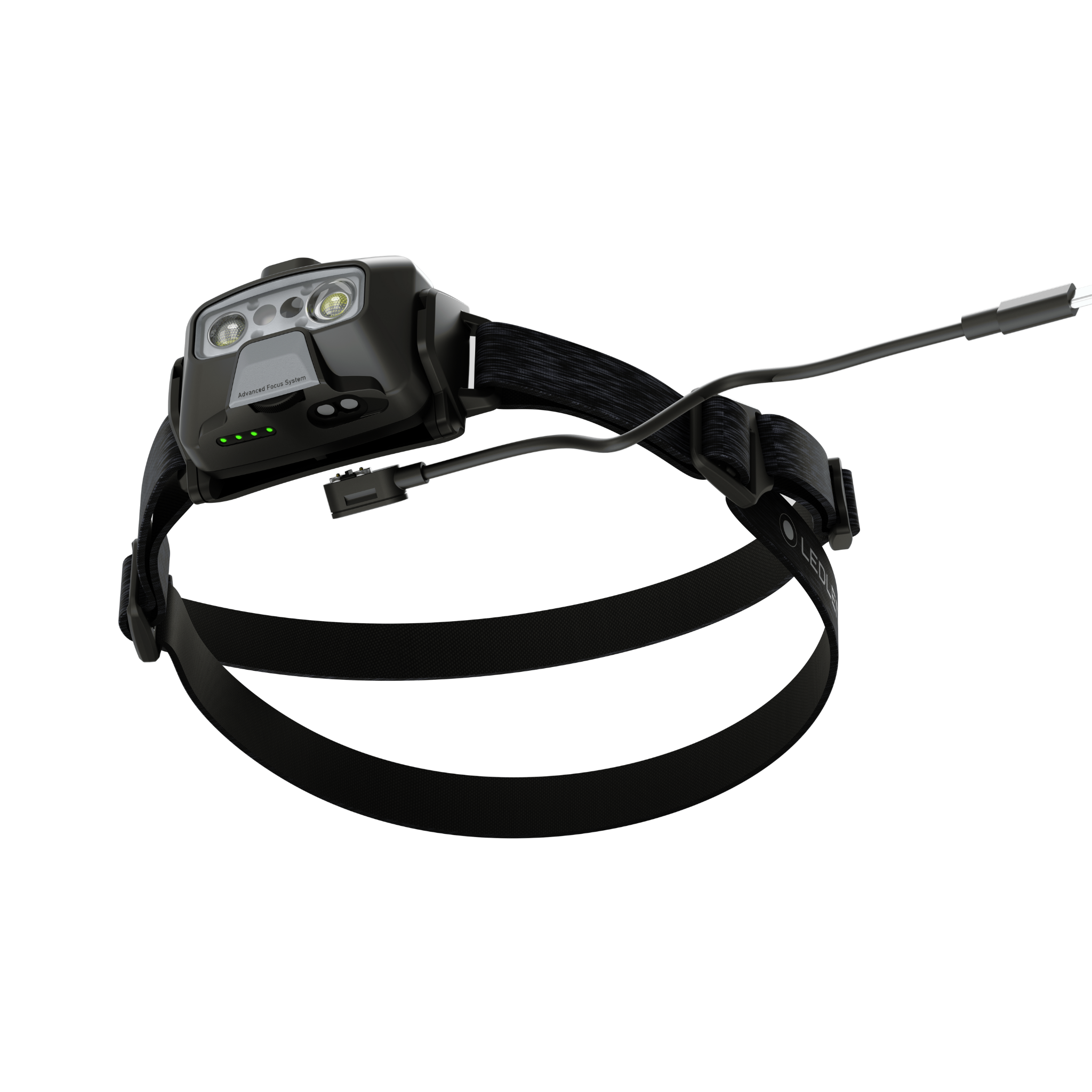 Ledlenser HF6R Core Headlamp with dual front LEDs black head strap and charging cable shown from a front left angle