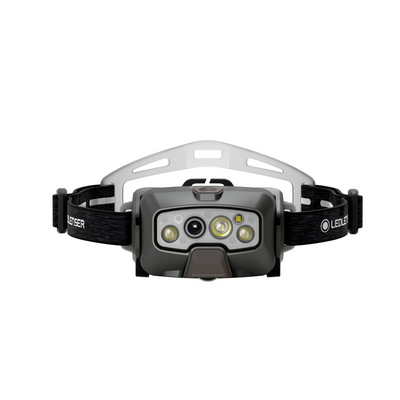 Ledlenser HF8R Signature Headlamp front view with grey housing multiple LEDs and adjustable black headband
