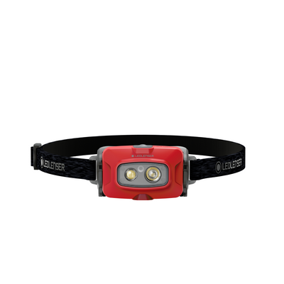 HF4R Core Headlamp with red front housing and dual LEDs on a black adjustable headband