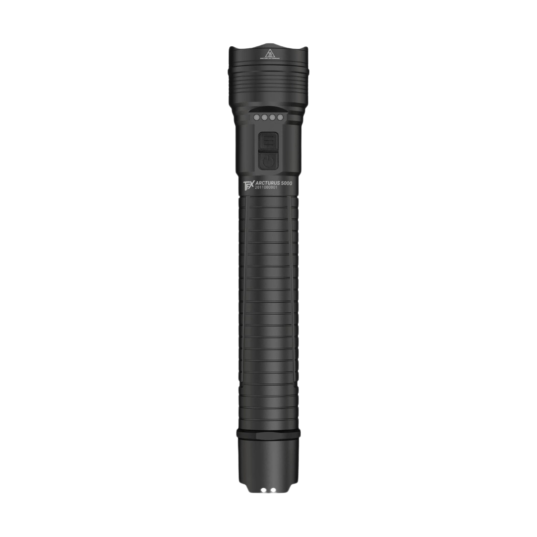 TFX Arcturus 5000 Torch a black Ledlenser handheld flashlight shown upright with a textured grip and control panel