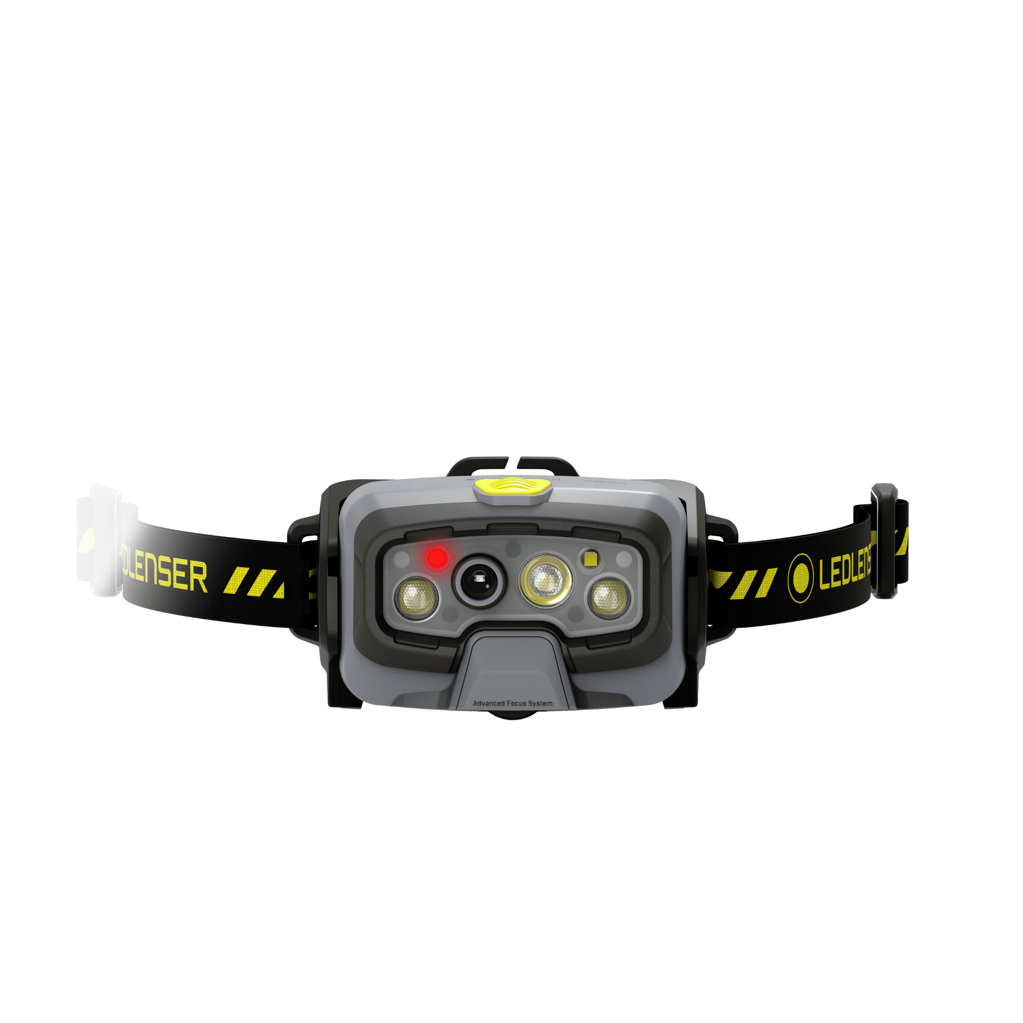 Ledlenser HF8R Work Headlamp front view with grey body and black yellow strap rechargeable headlamp featuring multiple LEDs and a red indicator light