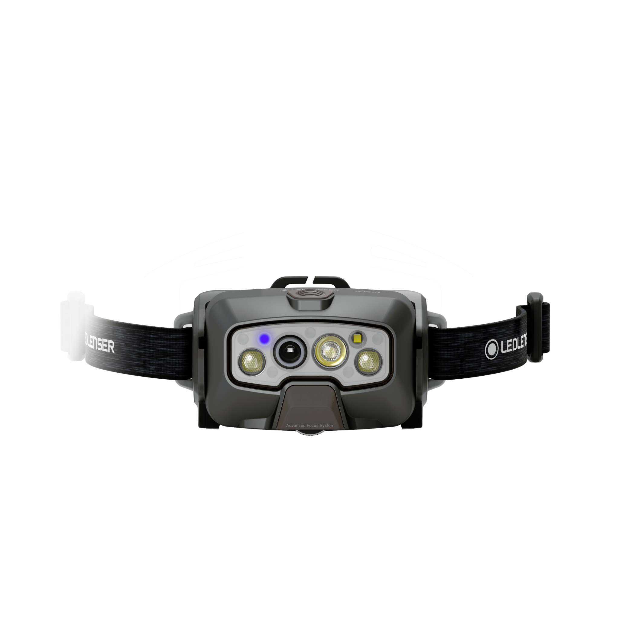 HF8R Signature Headlamp front view showing grey body dual LEDs and central lens with blue power indicator on an adjustable black headband