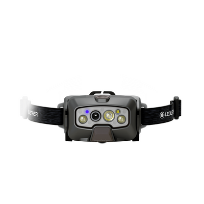 HF8R Signature Headlamp front view showing grey body dual LEDs and central lens with blue power indicator on an adjustable black headband
