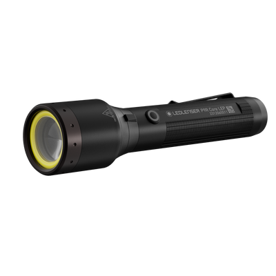 P9R LEP Torch viewed from a left angle showing a black body with yellow ring around the lens bezel