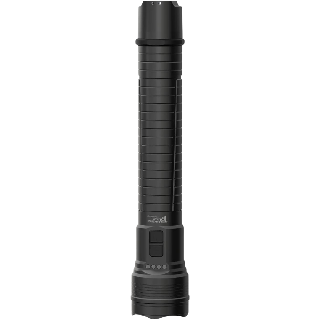 Ledlenser TFX Arcturus 5000 Torch shown upright with a black rugged cylindrical body and textured grip