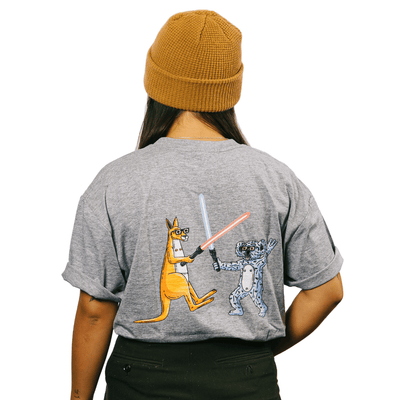 Mulga x Ledlenser Unisex Tee Aussie Animalia back view of gray cotton tee featuring cartoon kangaroo and koala with light sabers