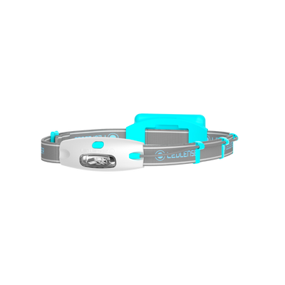 Ledlenser NEO Blue Battery Operated Headlamp worn on head with grey strap blue highlights and front LED module