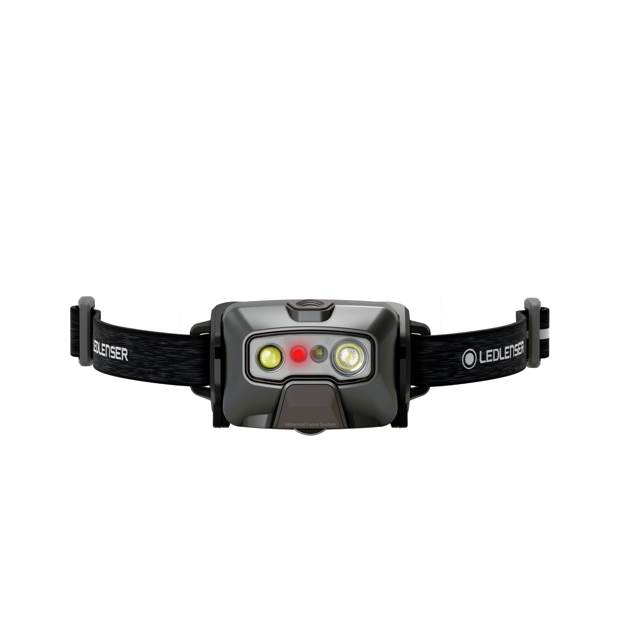HF6R Signature Headlamp facing forward with grey body dual LEDs and a black adjustable Ledlenser strap