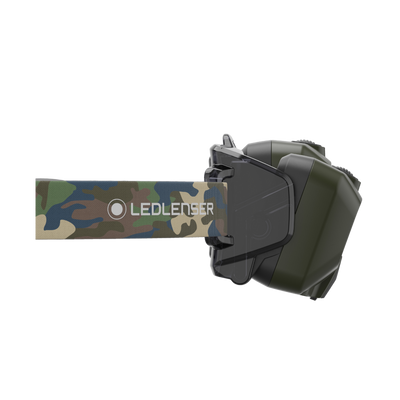 HF8R Core RGB Camo headlamp by Ledlenser with green housing and camo strap angled side view