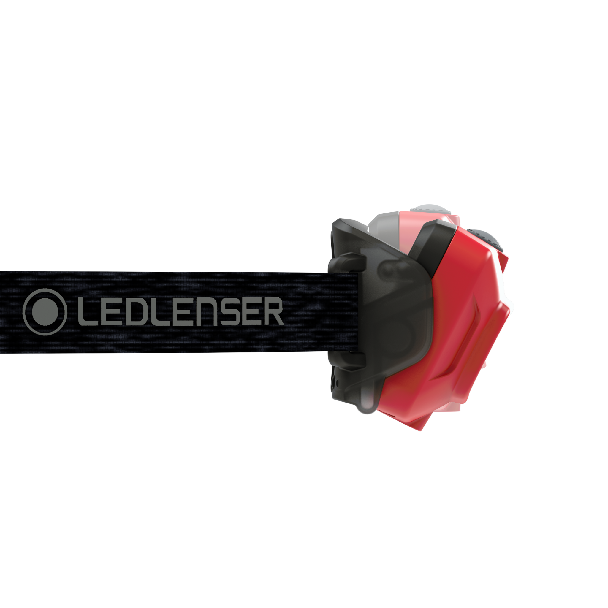HF4R Core Headlamp mounted on a black headband side view showing the red front housing and Ledlenser branding