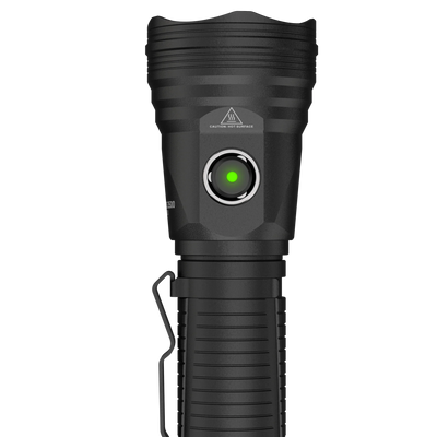TFX Propus 3500 Torch front view of a black tactical flashlight with green power indicator textured grip and built in clip