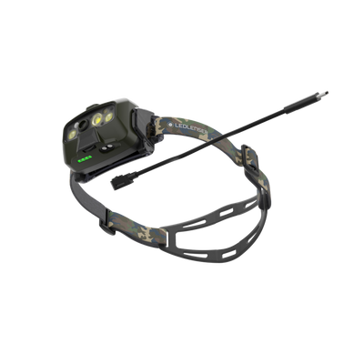 HF8R Core RGB Camo headlamp by Ledlenser with camouflage strap front LEDs and attached charging cable