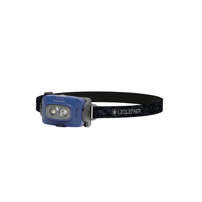 HF4R Core Headlamp with blue housing and adjustable black Ledlenser strap; front view shows dual LEDs