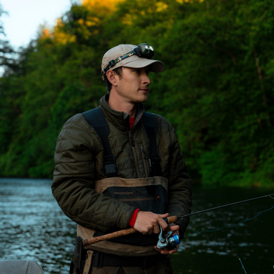 HF8R Core RGB Camo headlamp mounted on a cap worn by a man fishing outdoors