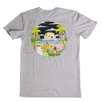 Mulga x Ledlenser Unisex Tee Aussie Camp: grey T shirt with circular retro graphic showing palm trees tent campfire and a moonlit beach scene