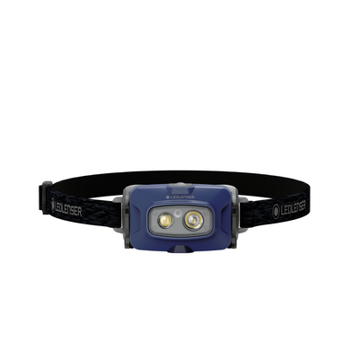 HF4R Core Headlamp with blue housing and dual LEDs mounted on an adjustable black Ledlenser head strap front view