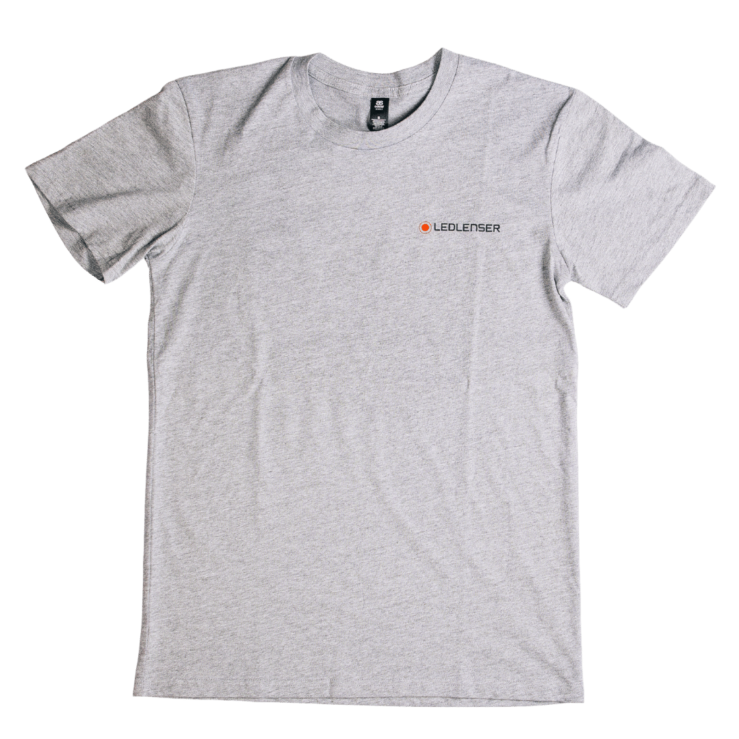 Mulga x Ledlenser Unisex Tee Aussie Camp grey t shirt with a small Ledlenser logo on the chest