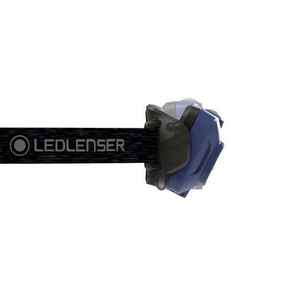 Ledlenser HF4R Core Headlamp worn on a black strap with a blue headlamp housing visible