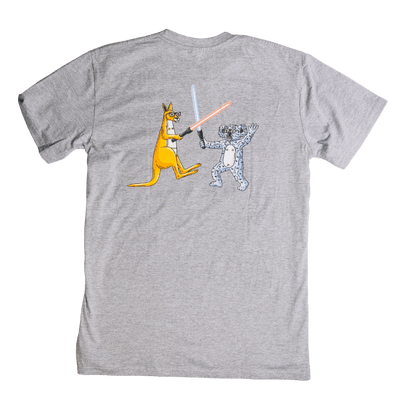 Mulga x Ledlenser Unisex Tee back view showing a grey shirt with cartoon kangaroo and koala wielding lightsabers