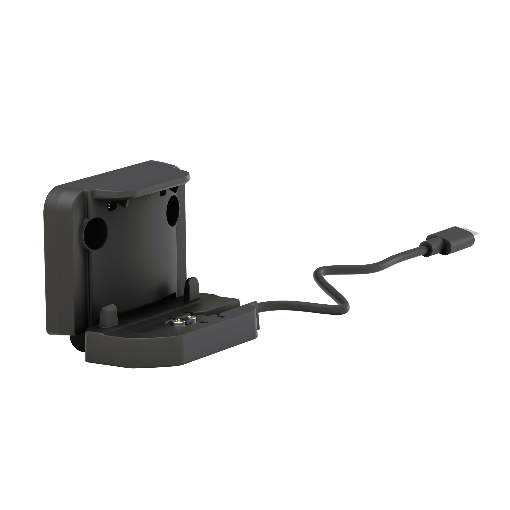 HF4R Work Headlamp charging cradle with power cable grey housing lid open and charging contacts visible