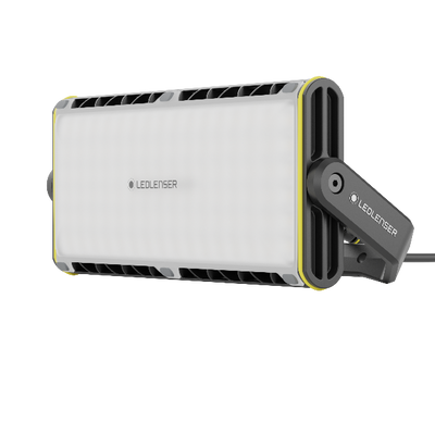 AF12C Work Floodlight by Ledlenser compact rectangular light with white front panel grey frame and yellow trim mounted on a hinge bracket