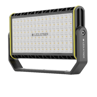 Ledlenser AF12R Work Floodlight with rectangular LED array in a grey and black housing yellow trim shown on an adjustable U shaped stand and branding visible on the side