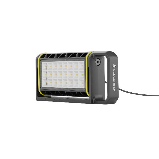 AF4R Work Floodlight by Ledlenser showing a rectangular LED panel in a grey body with yellow trim and a visible power cable