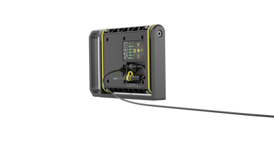 AF8R Work Floodlight rear view showing mounting frame yellow accents connectors and attached power cable