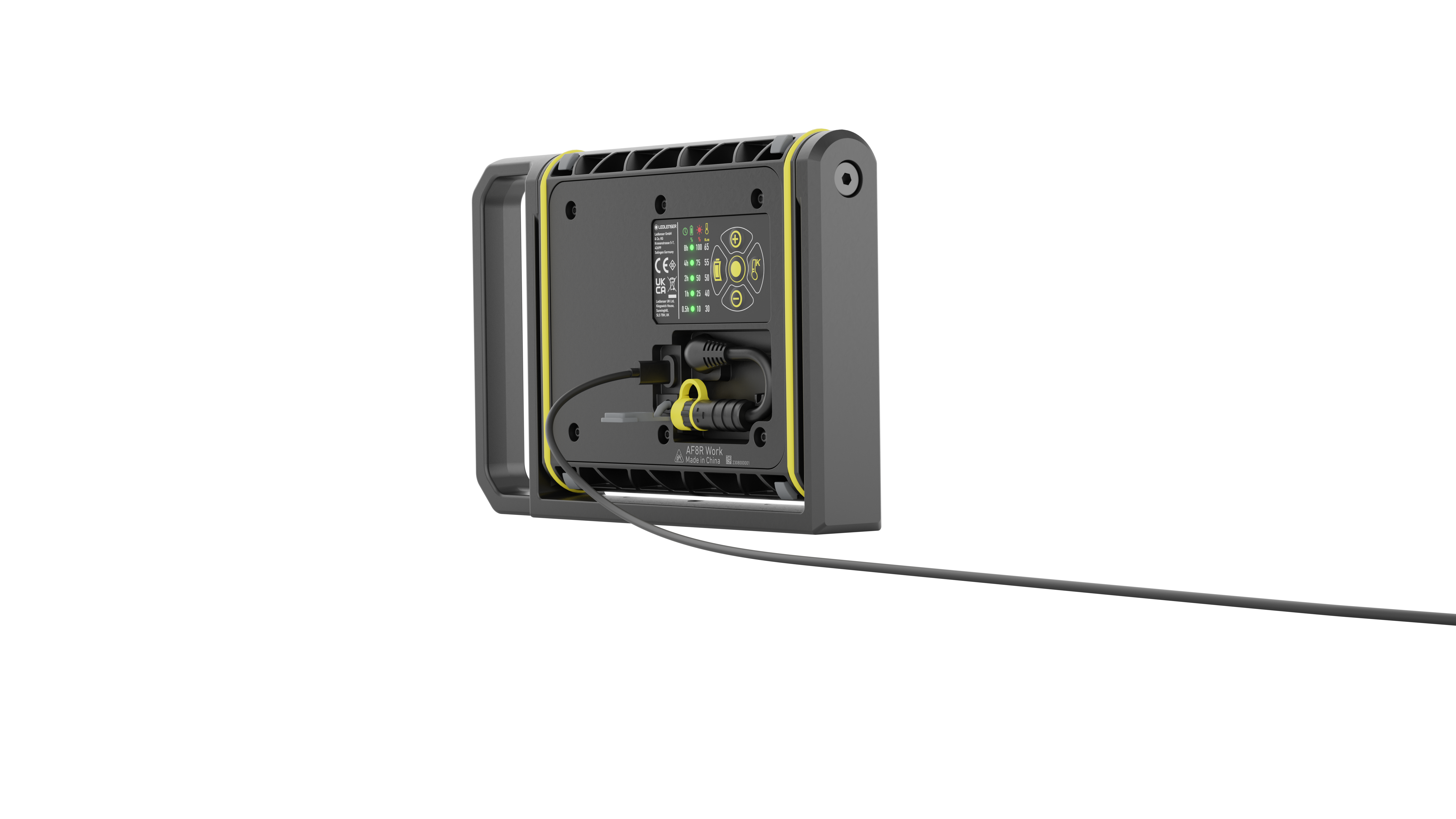 AF8R Work Floodlight rear view showing mounting frame yellow accents connectors and attached power cable