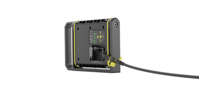 AF8R Work Floodlight viewed from rear showing power input attached cable and grey body with yellow trim