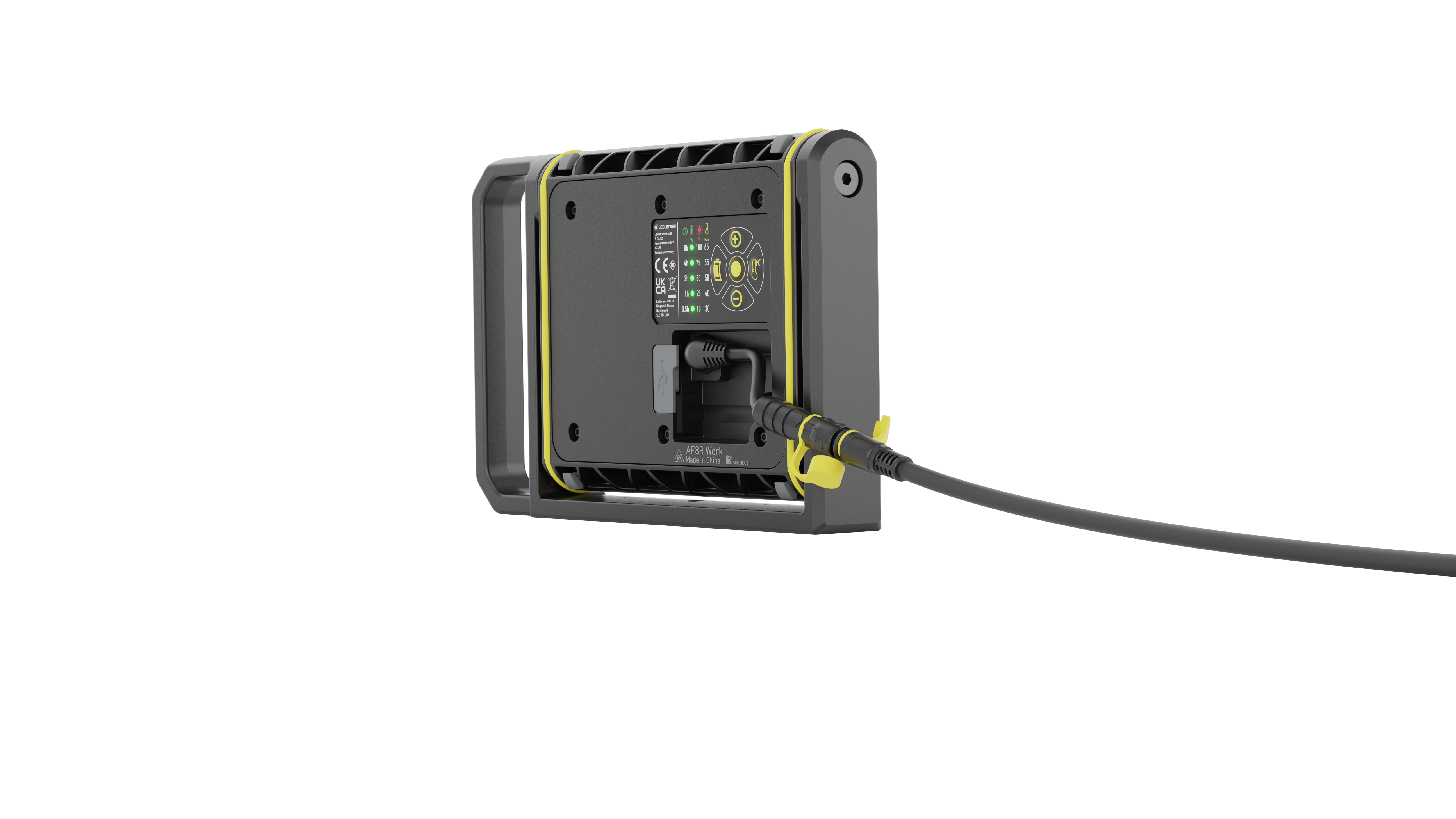 AF8R Work Floodlight viewed from rear showing power input attached cable and grey body with yellow trim