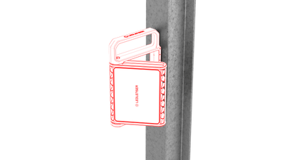 AF8R Work Floodlight red outline rendering on black background; handheld rectangular floodlight with top handle