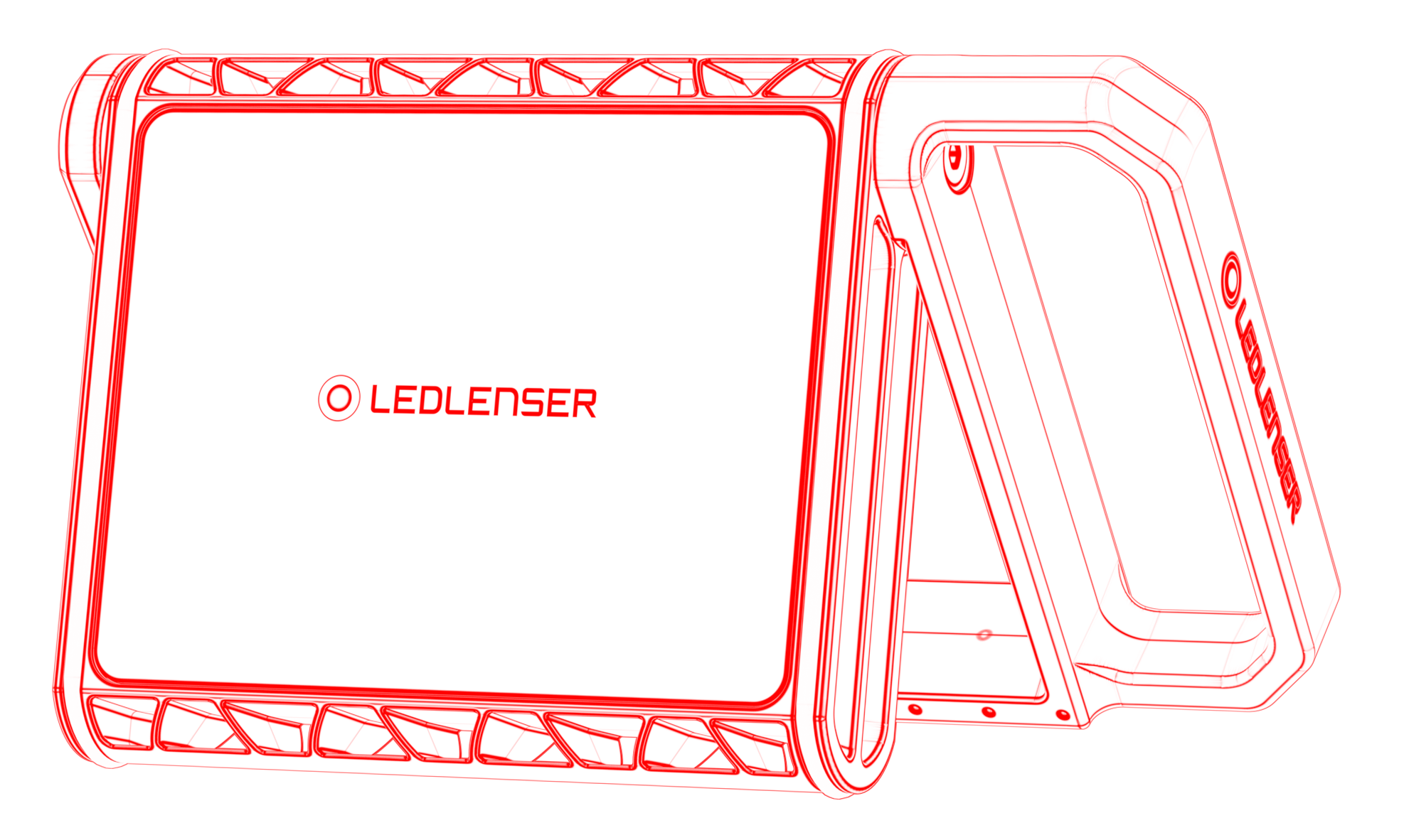 Ledlenser AF8R Work Floodlight illustration showing rugged housing with a large white front panel and red background side and front view