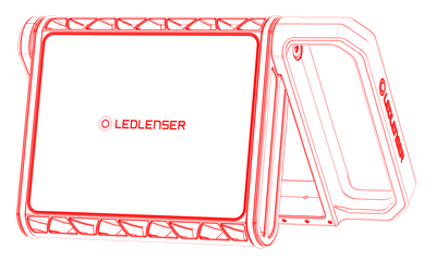 Ledlenser AF8R Work Floodlight illustration showing rugged housing with a large white front panel and red background side and front view