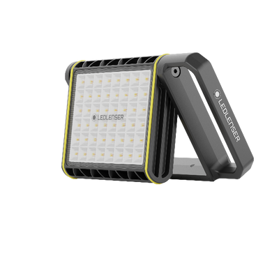 Ledlenser AF8R Work Floodlight with foldable handle dark grey housing and yellow trim front LED panel visible