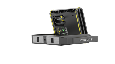 AF8R Work Floodlight viewed from the side showing grey body with yellow trim integrated plug and mounting base