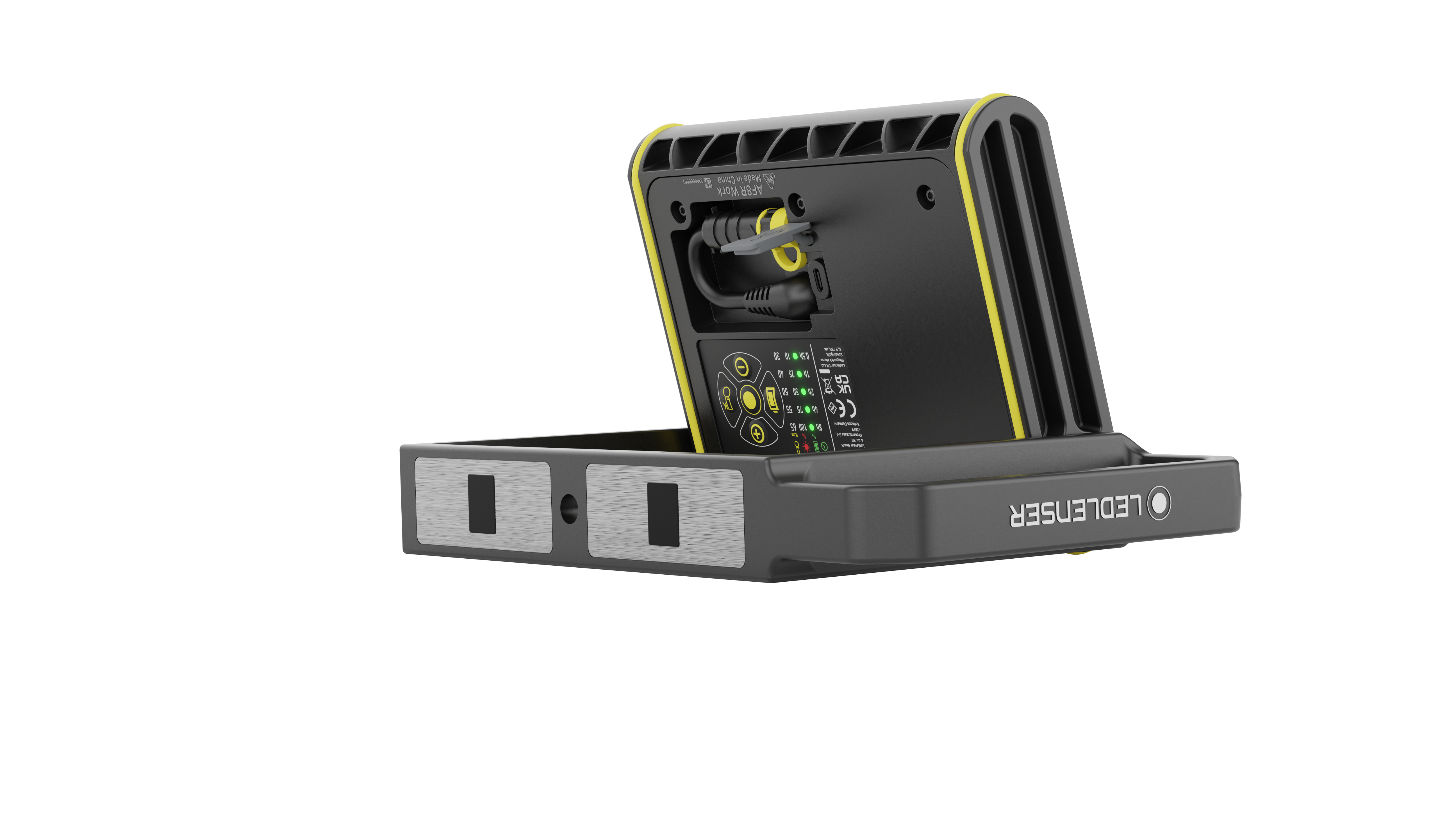 AF8R Work Floodlight viewed from the side showing grey body with yellow trim integrated plug and mounting base