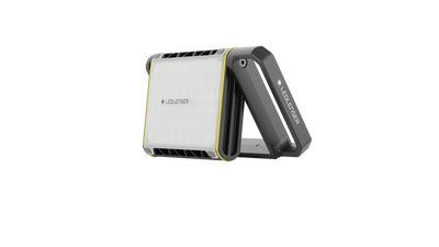 AF8R Work Floodlight by Ledlenser featuring compact portable design black handle grey body with yellow trim shown folded