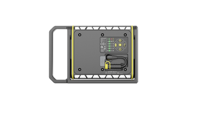 AF8R Work Floodlight rear view showing mounting frame grey body with yellow trim power connector and control panel