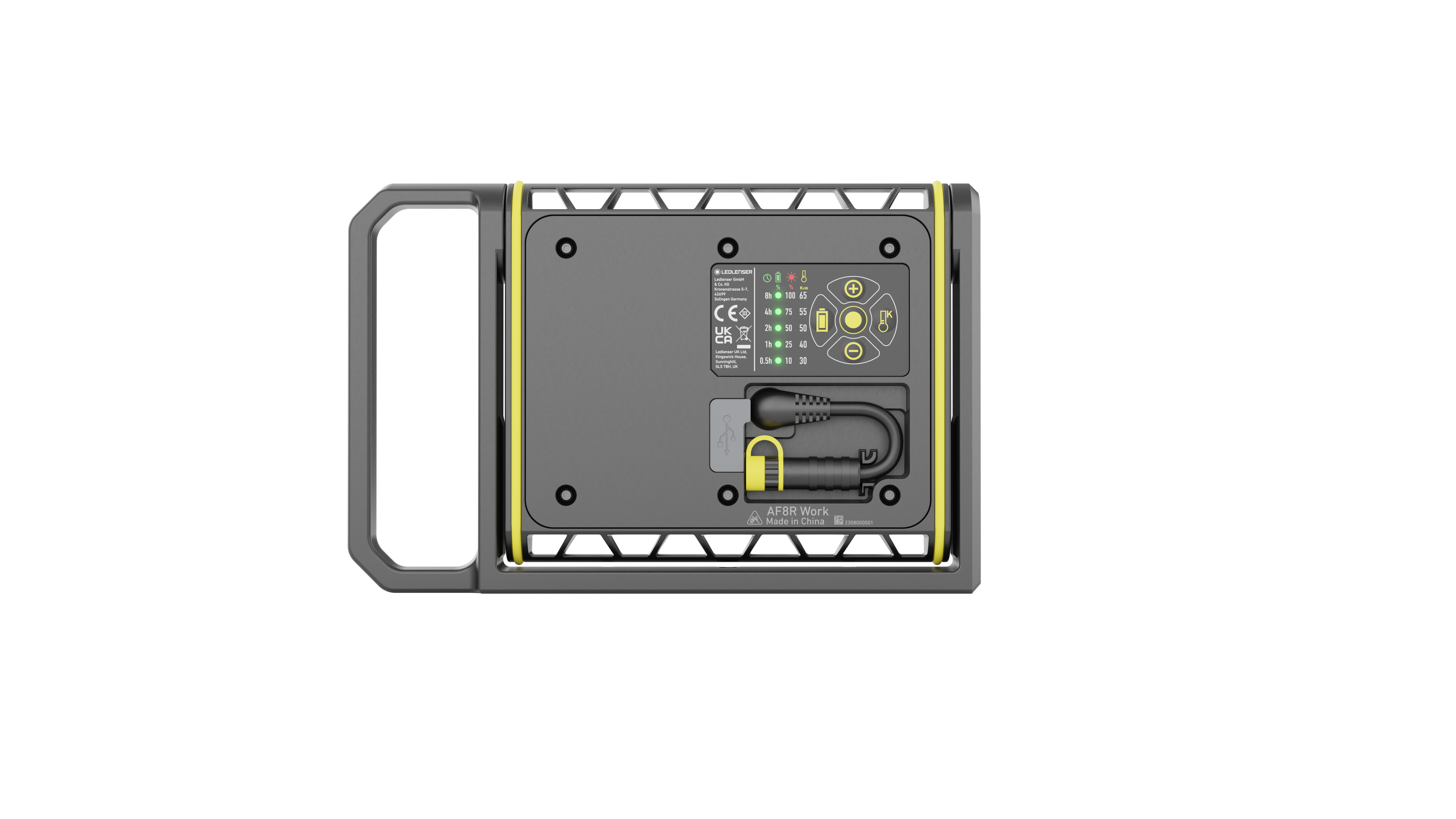 AF8R Work Floodlight rear view showing mounting frame grey body with yellow trim power connector and control panel