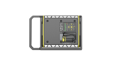Ledlenser AF8R Work Floodlight back view showing power cable connector and battery compartment with yellow trim and rugged housing