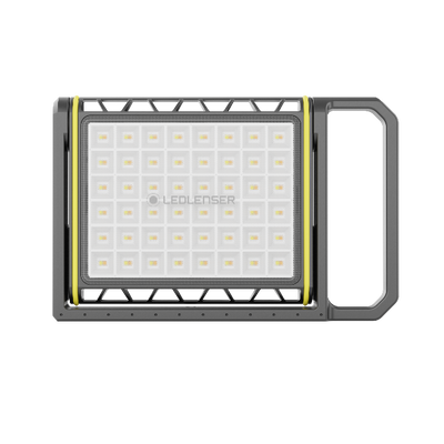 Ledlenser AF8R Work Floodlight front view with rectangular LED panel black gray housing and yellow trim integrated right handle