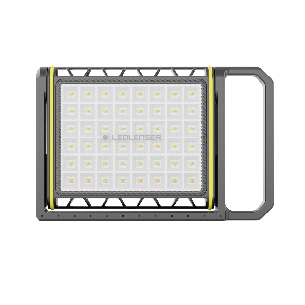 Ledlenser AF8R Work Floodlight front view with rectangular LED panel black gray housing and yellow trim integrated right handle