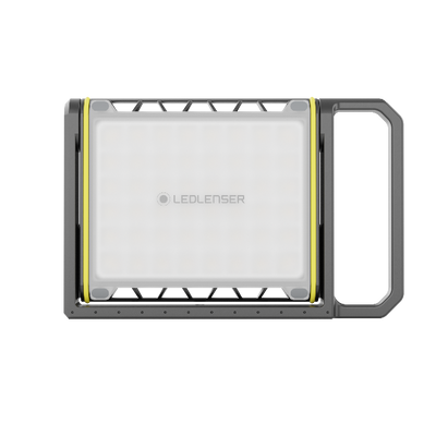 AF8R Work Floodlight by Ledlenser rectangular floodlight with grey frame yellow trim and integrated right side handle