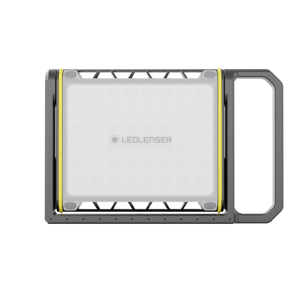 AF8R Work Floodlight by Ledlenser rectangular floodlight with grey frame yellow trim and integrated right side handle