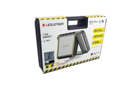 AF8R Work Floodlight packaging showing LEDLENser logo carrying case and built in handle with yellow warning accents and product image on the box