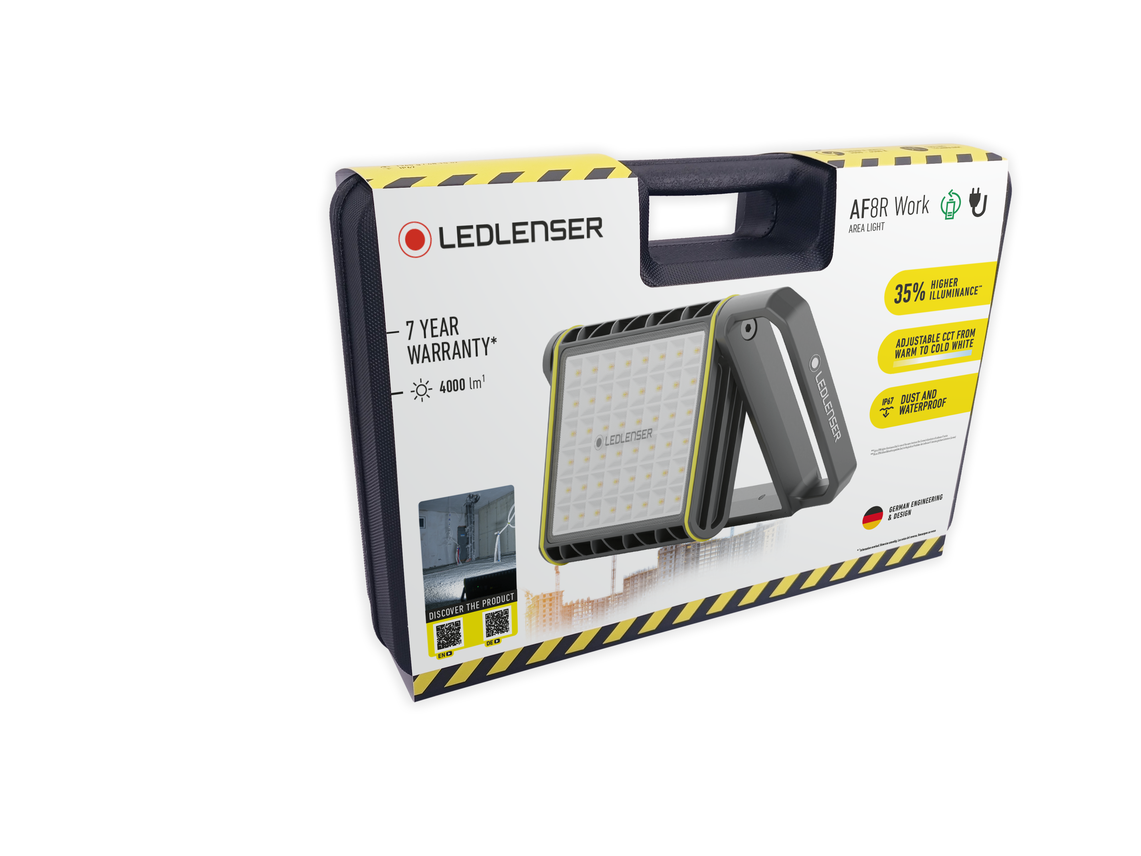 AF8R Work Floodlight packaging showing LEDLENser logo carrying case and built in handle with yellow warning accents and product image on the box