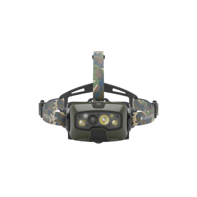 Ledlenser HF8R Core RGB Camo headlamp with green camouflage strap and three LED array in front adjustable headband