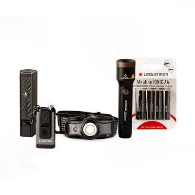 Emergency Home and Travel Kit headlamp keychain light and torch with alkaline AA batteries and powerbank in packaging