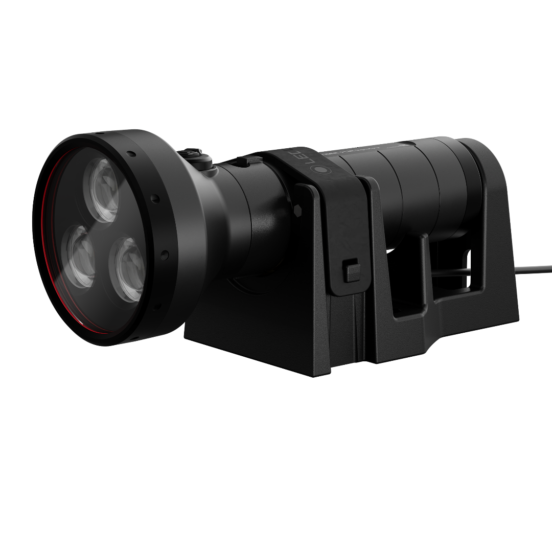 P18R Signature Torch displayed at an angle mounted on a bracket with a three lens head in black